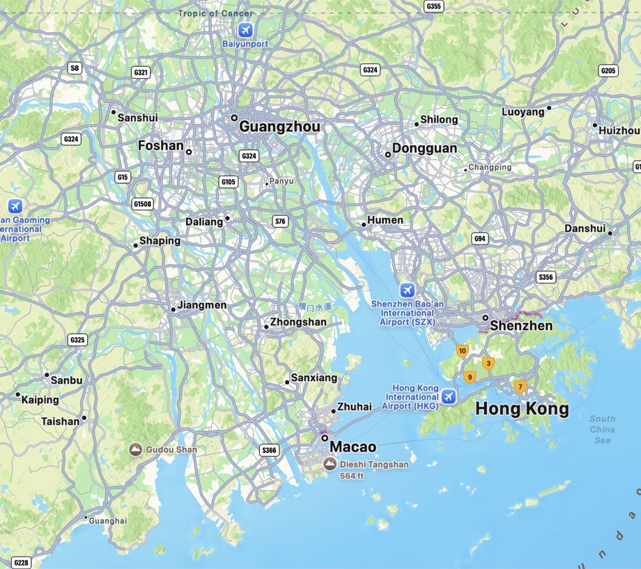 Map of the Pearl River Delta region of Guangdong, China